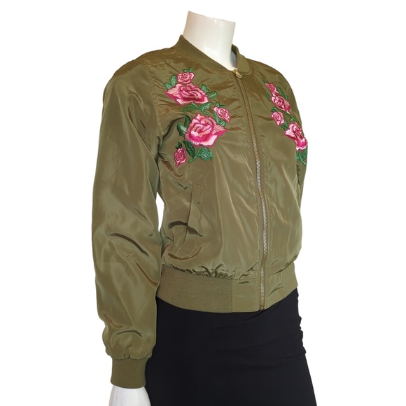 Love Tree Olive Green Floral Embroidered Bomber Jacket - Picture 7 of 16